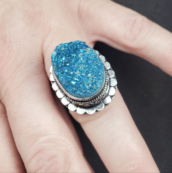 New Blue Titanium Crystal Druzy 925 Silver Statement Ring. - Picture 8 of 15